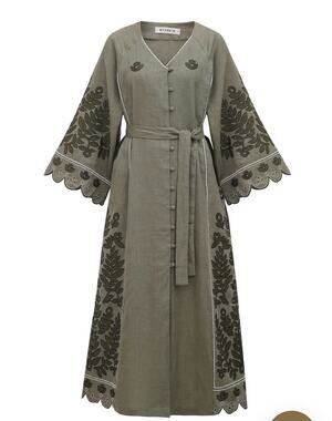 Etnodim Linen embroidered dress with buttons Fir & belt Women’s Small